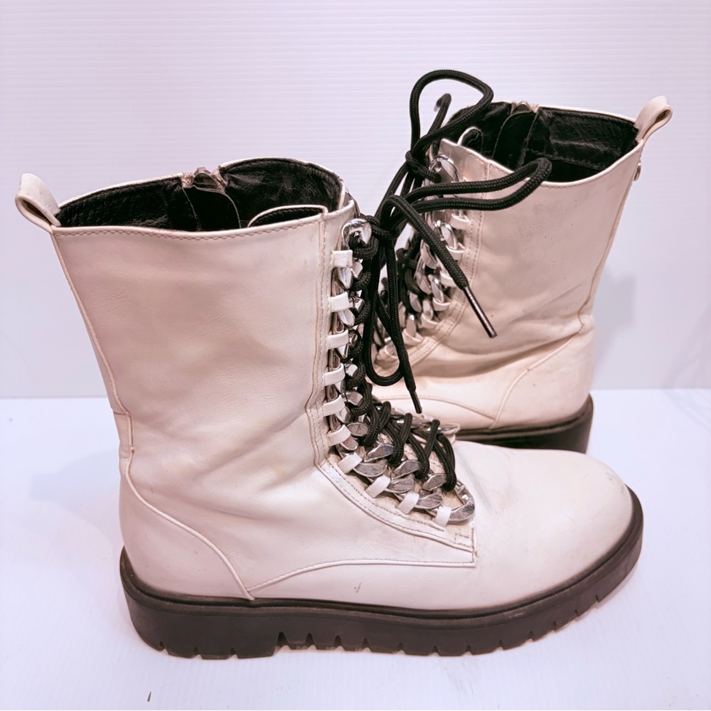 KENDALL & KYLIE White Combat Boots Platform Chain Detail Side Zipper - Size 8